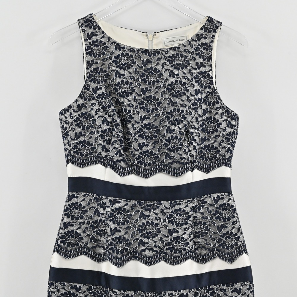 Katherine Kelly Lace Sheath Dress Womens Size 4 Black Ivory Cocktail Sleeveless - Picture 9 of 13